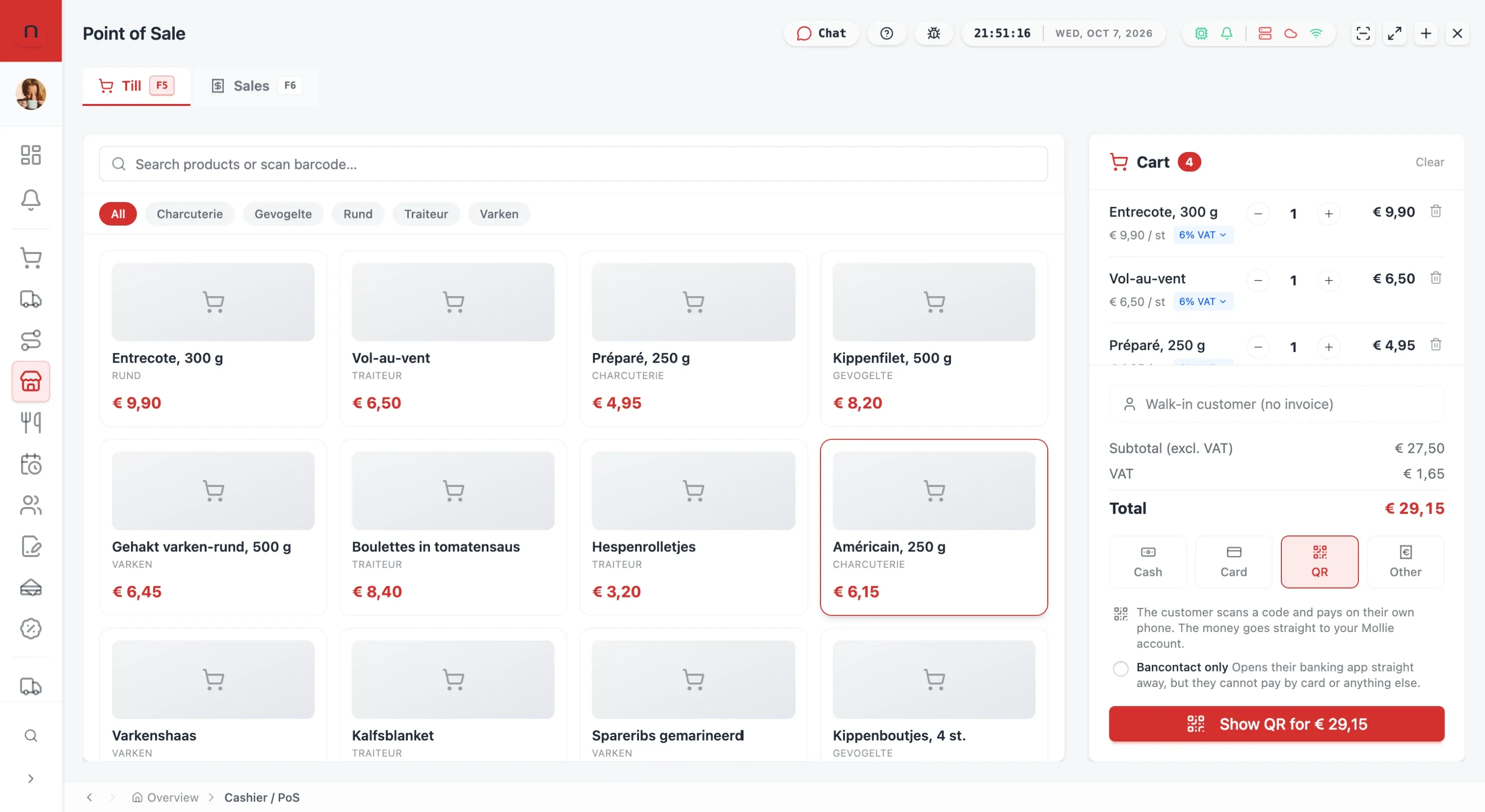 Navi till with four products and QR payment selected