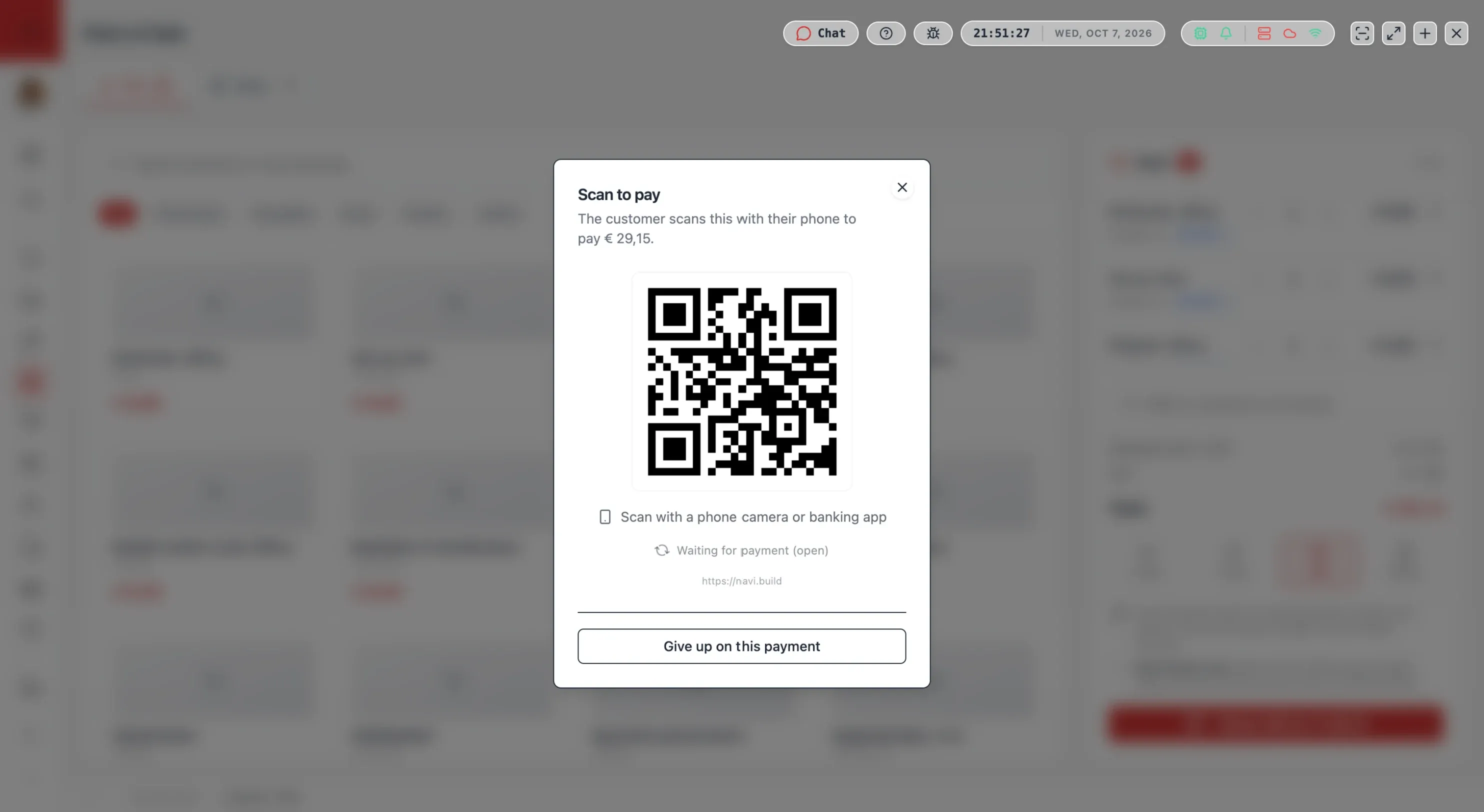 Navi showing a Bancontact QR for the customer to scan