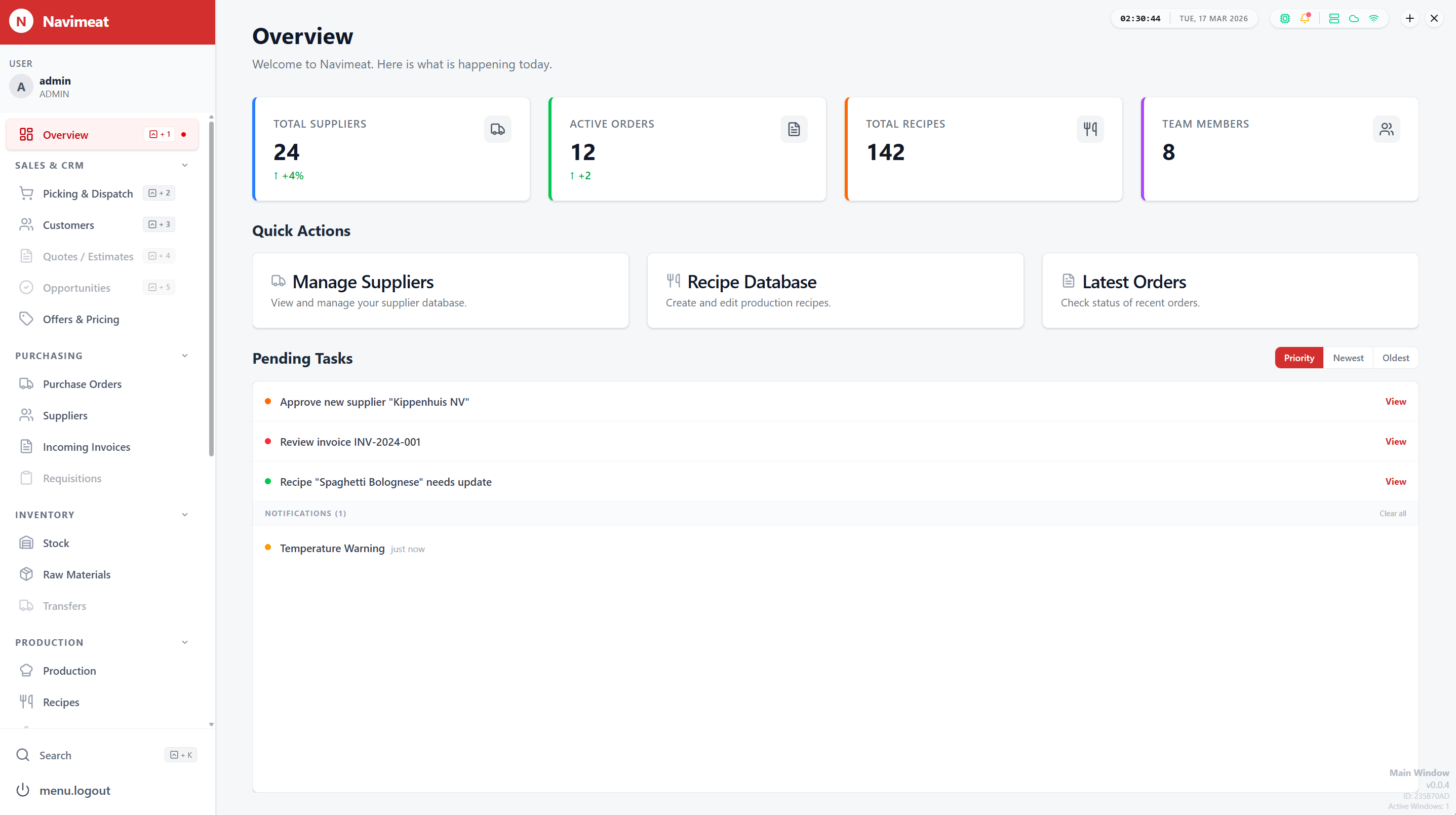 Navimeat application dashboard